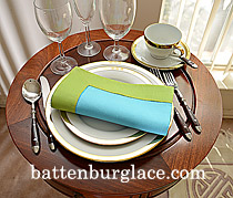 Multicolored Hemstitch Dinner Napkin. Crystal Seas & Macaw Green